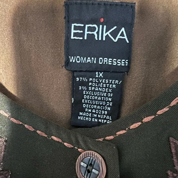 Erika,1X, embroidered beaded sleeveless, olive,crushed velvet button front maxi - Picture 8 of 8